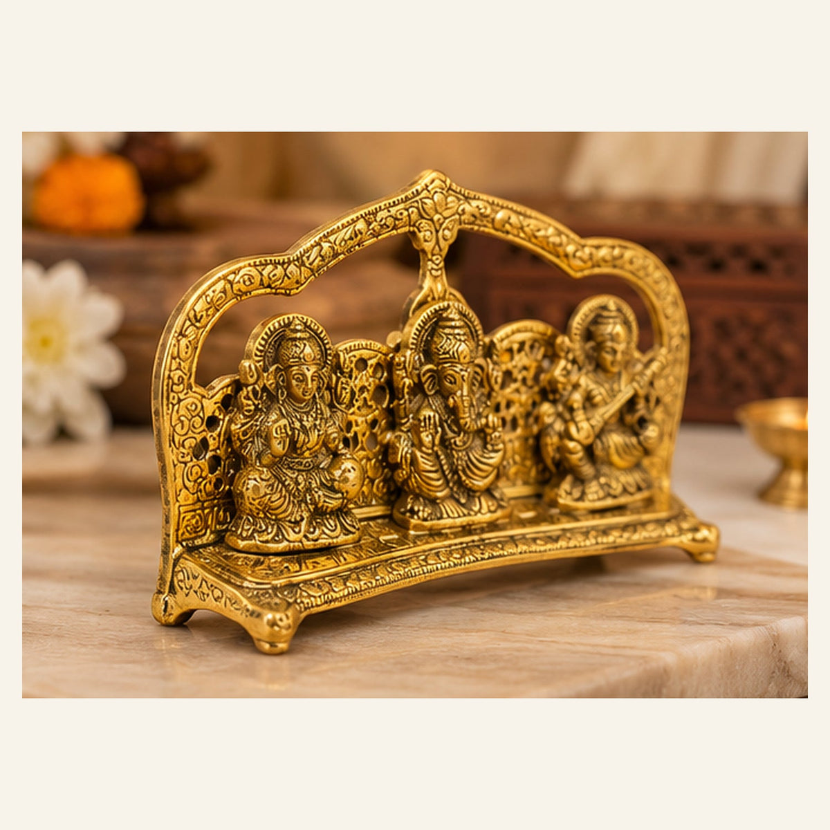 Brass Lakshmi Ganesh Saraswati idol stand for Dhanteras and Diwali puja