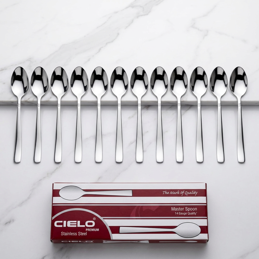 Cielo Premium Stainless Steel Master Spoon Set of 12 plain design on marble with gift box