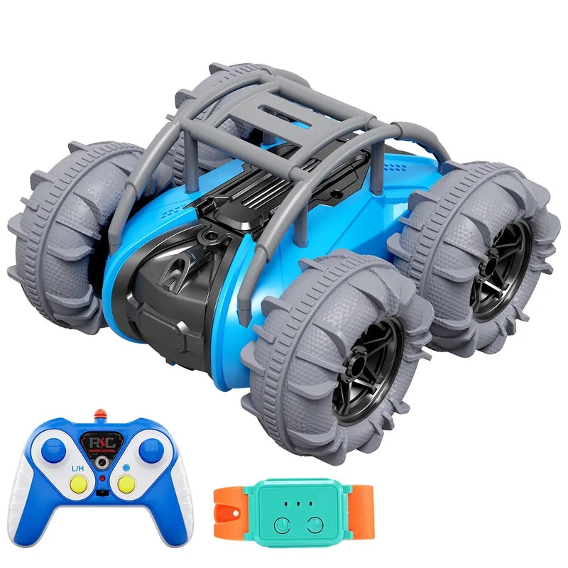 Blue Aquabot RC car with grey tyres, handheld controller and wrist-style controller