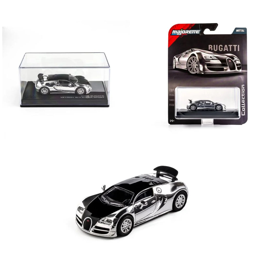 Majorette Bugatti Veyron 16.4 Super Sport - chrome silver model with display case and blister card packaging