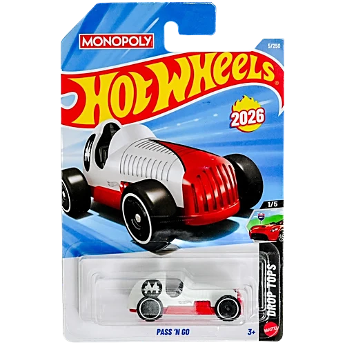 Hot Wheels Pass 'N Go 2026 Monopoly Drop Tops 1/5 on card packaging