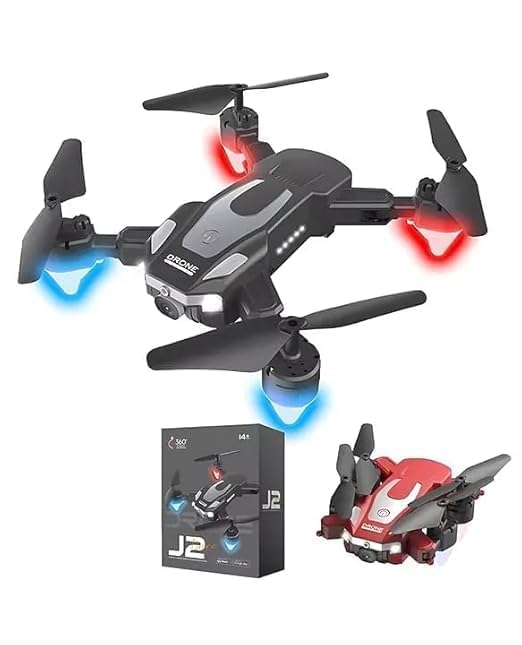 J2 Drone black and red variants with LED lights glowing and retail box