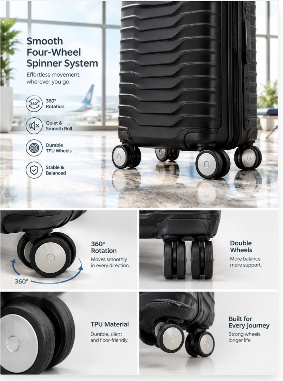 Hard Shell Trolley Suitcase, 24 inch, 4 Wheels (Black) – view 6