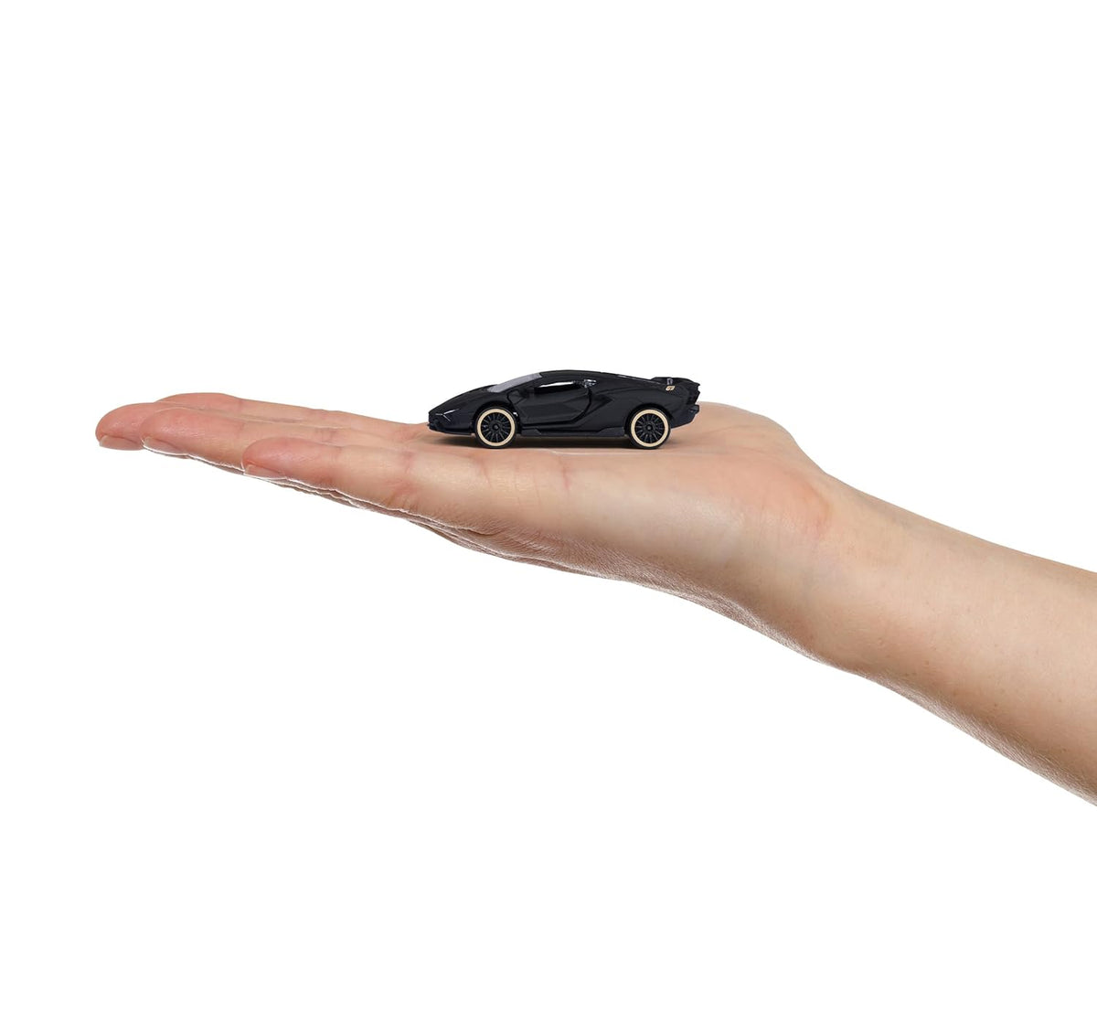 Single black miniature sports car on a palm for size reference