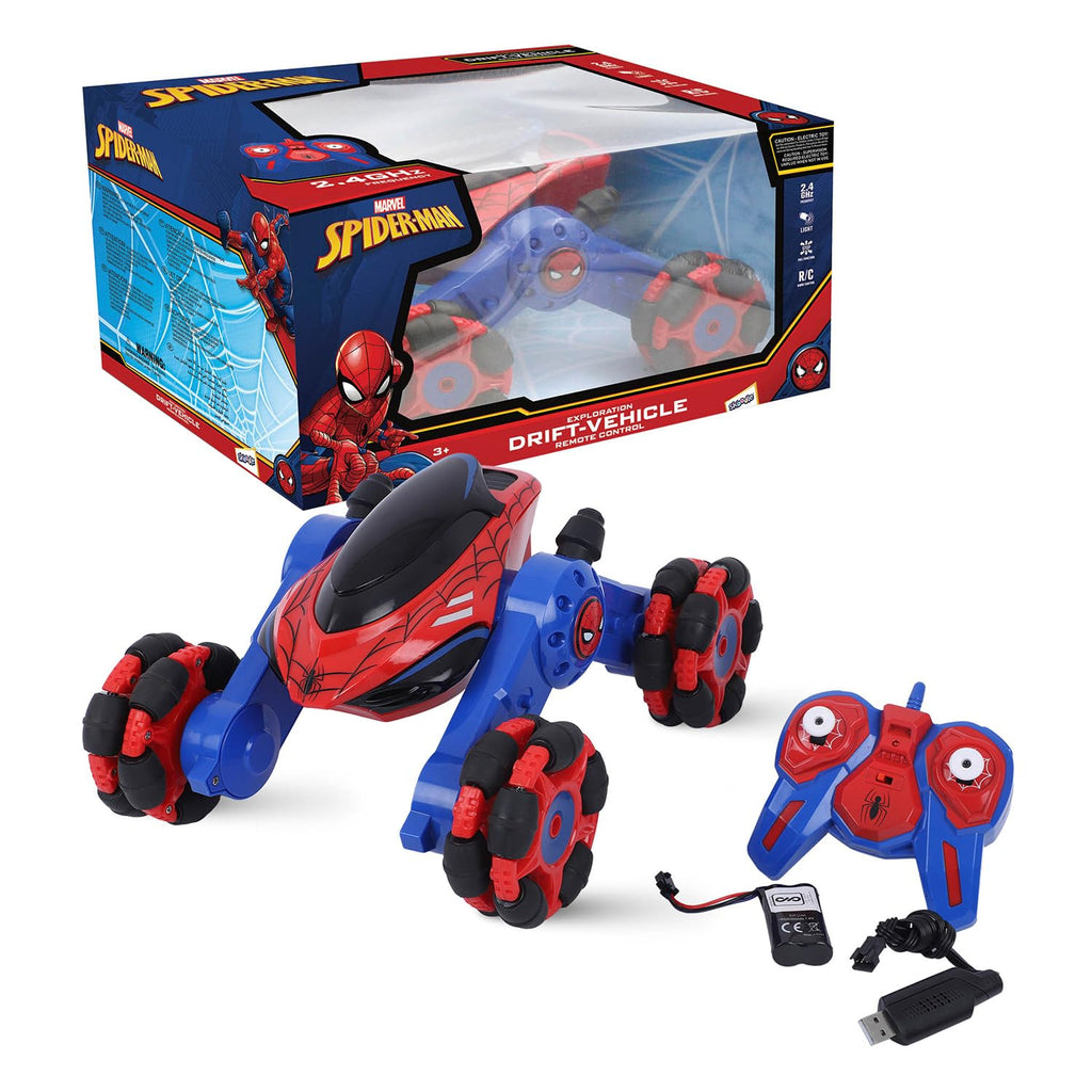 Spider-Man red-and-blue RC drift vehicle with controller, battery pack, USB accessory and box