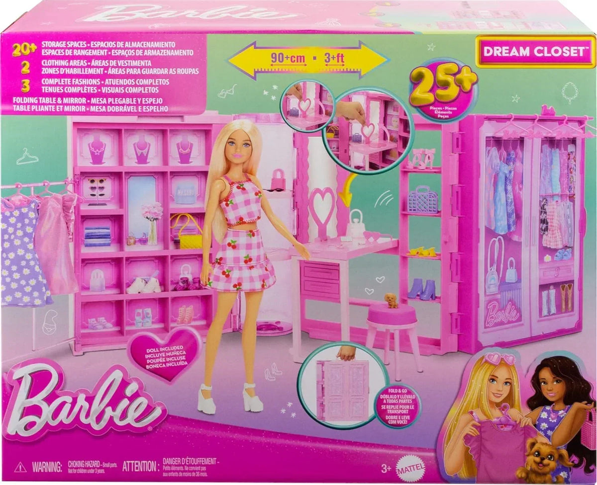 Barbie Dream Closet retail box showing pink wardrobe playset with included doll and fashions
