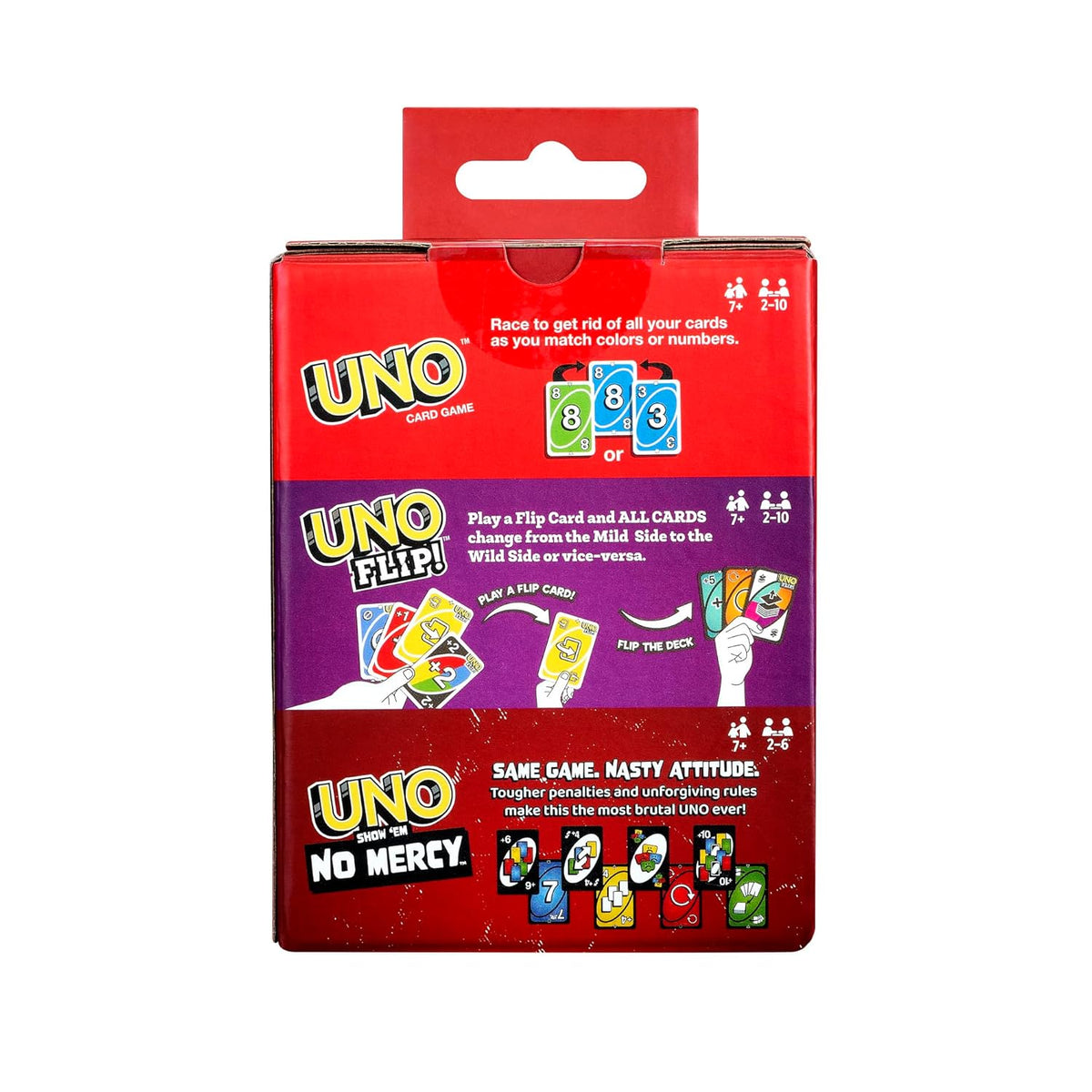 Back of UNO Greatest Hits packaging showing games, ages and player counts