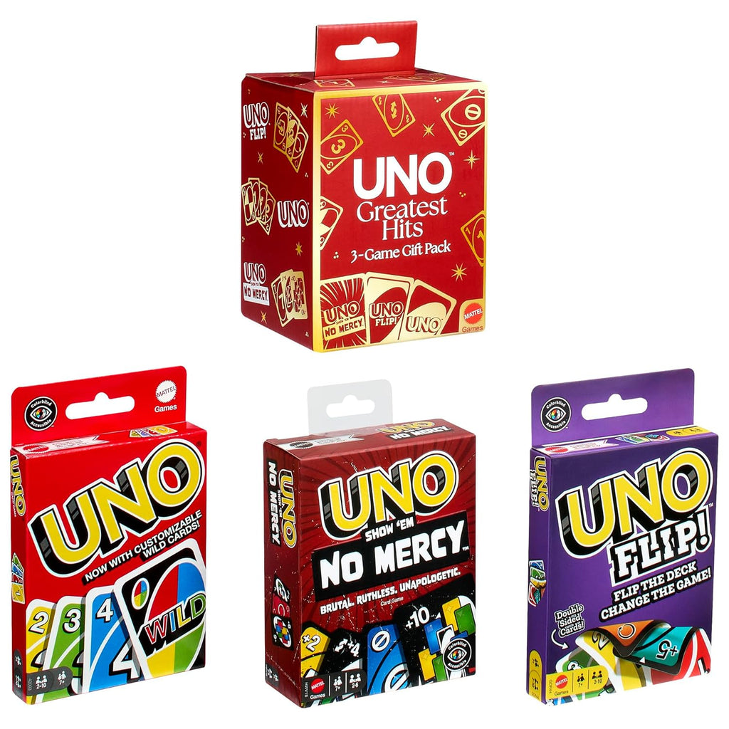 UNO Greatest Hits gift pack with UNO, UNO Flip! and UNO No Mercy game boxes