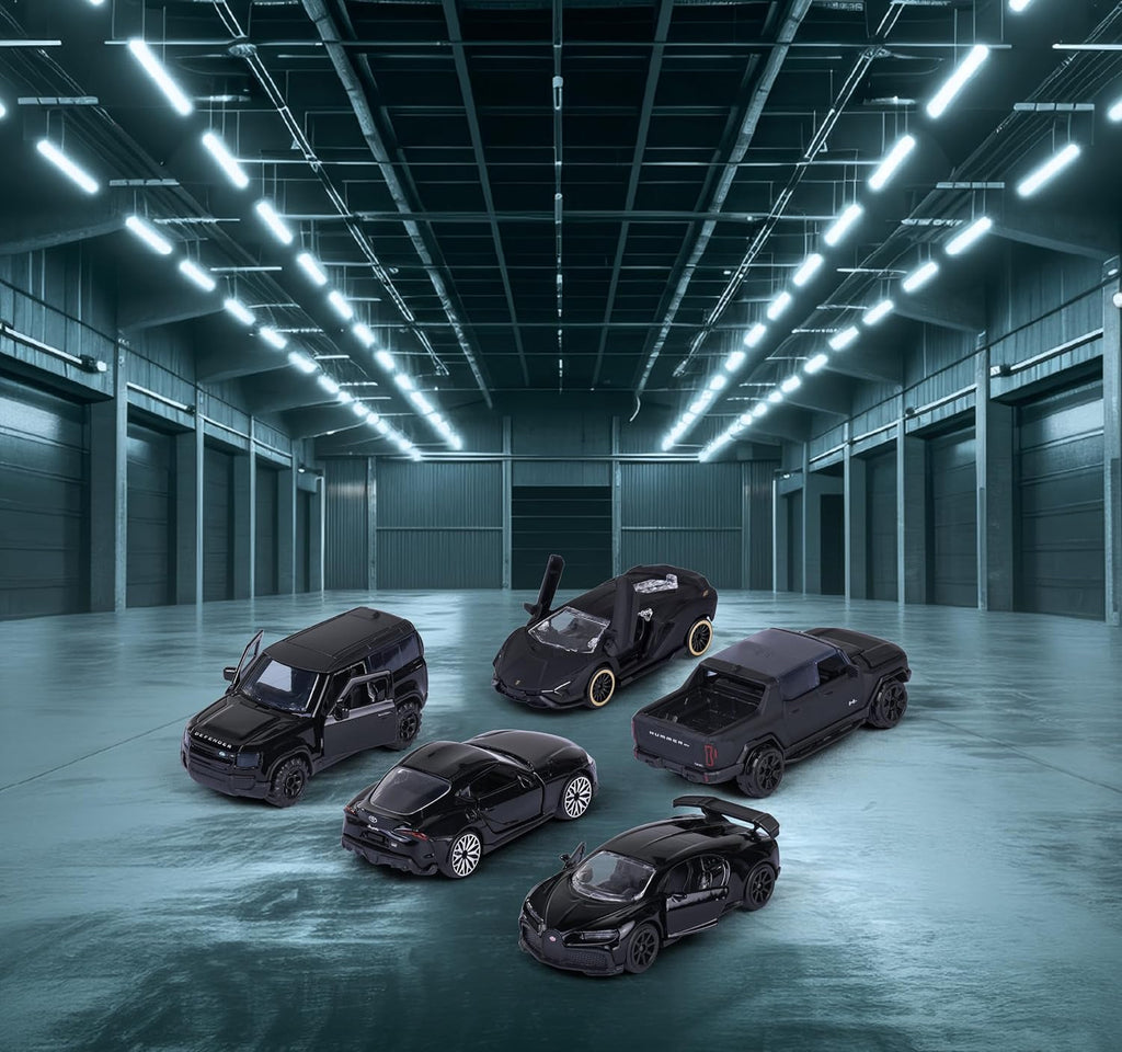 Five black Majorette miniature vehicles in a garage-style setting
