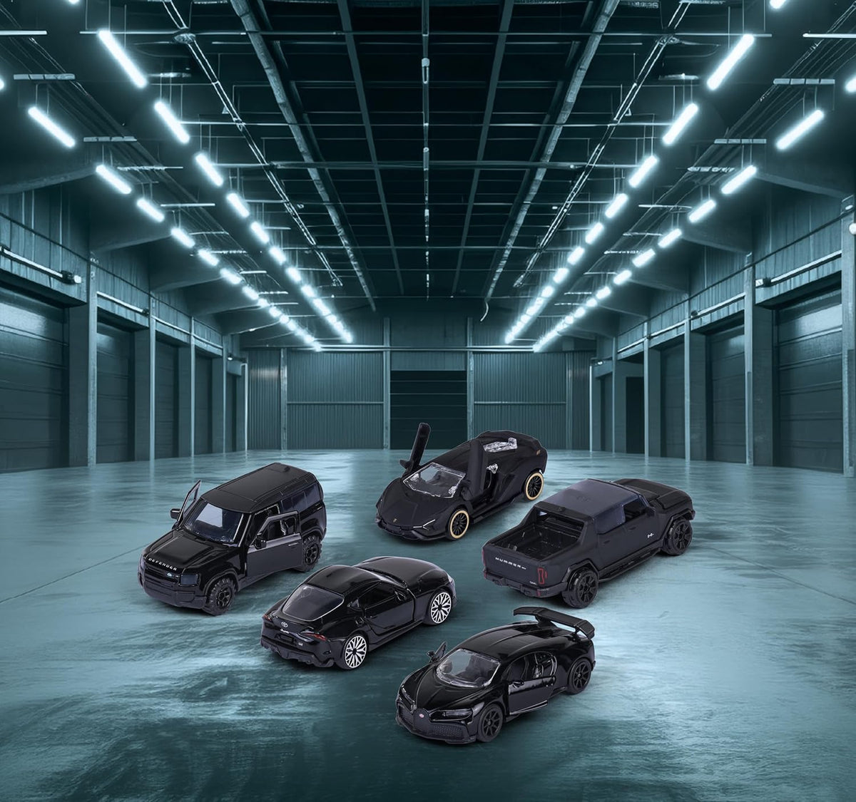 Five black Majorette miniature vehicles in a garage-style setting