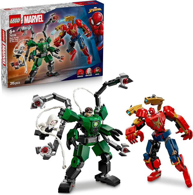 LEGO Marvel 76338 Mech Battle Spider-Man vs Doc Ock box and assembled mechs, 315 pieces