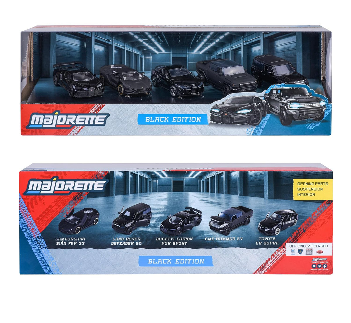 Majorette Black Edition front and back packaging showing five vehicle names and features