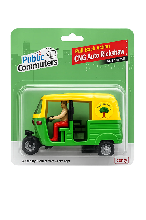 Centy green and yellow pull-back CNG auto rickshaw toy in its retail packaging