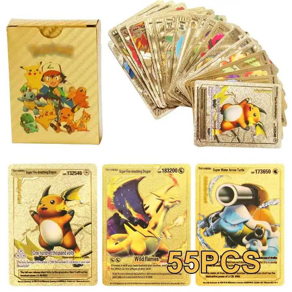 Gold-coloured character cards with storage box and 55PCS label