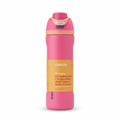Pink water bottle with yellow label on a white background