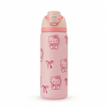 Pink water bottle with Hello Kitty design on a white background