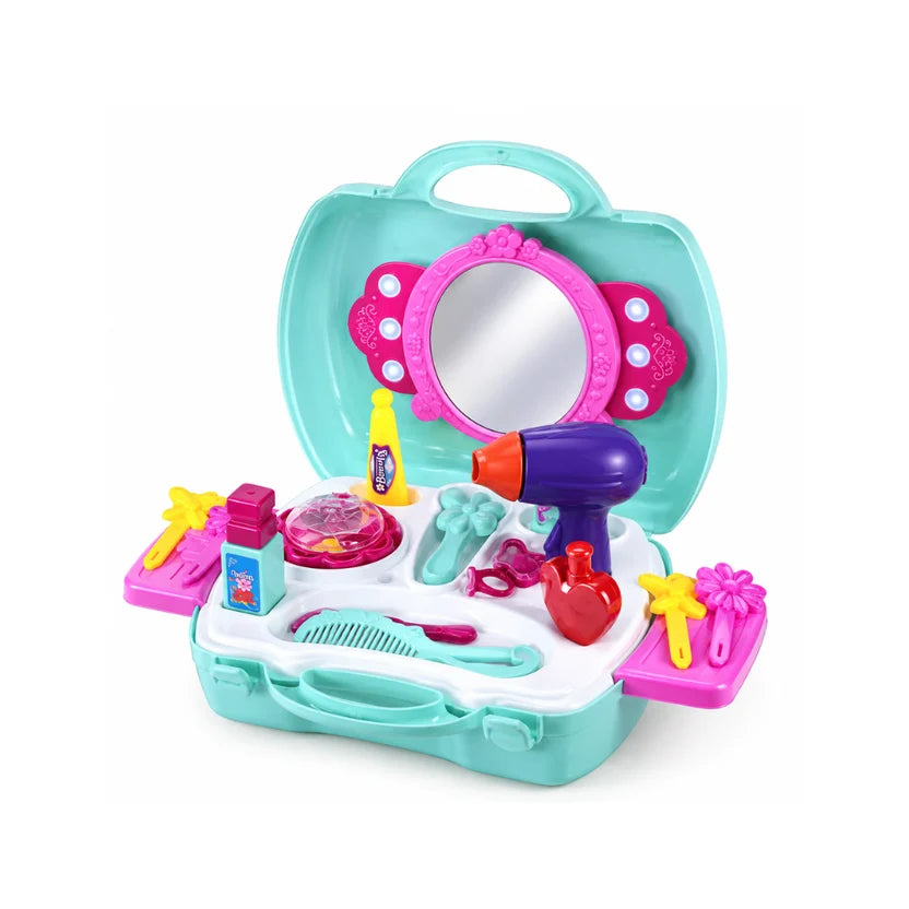 Skoodle Peppa Pig Beauty Set open teal carry case with mirror, hair dryer and all accessories