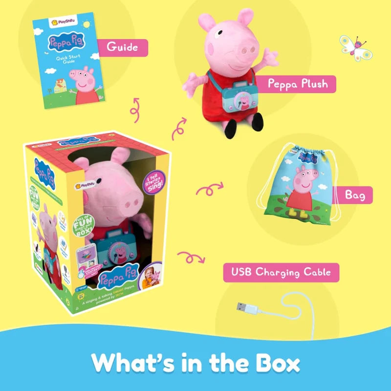 Smart Peppa box contents: plush, guide, drawstring bag and USB charging cable