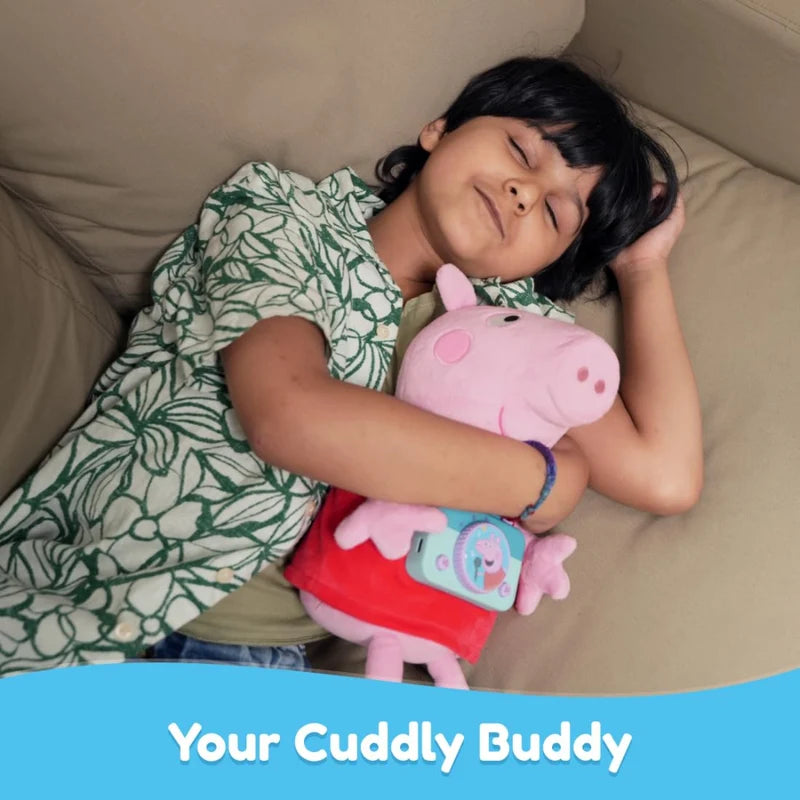 Child cuddling PlayShifu Smart Peppa Pig plush toy
