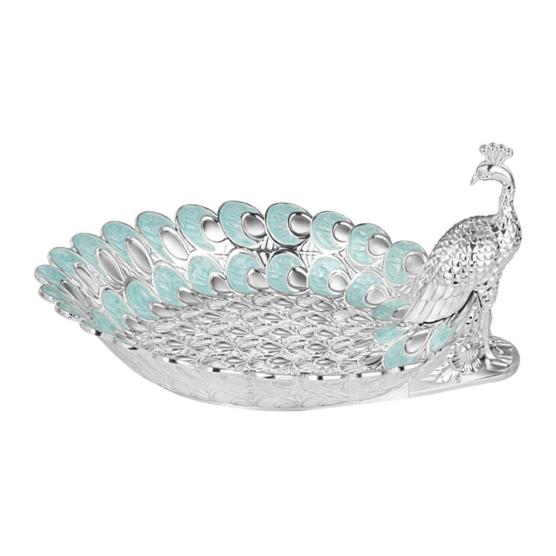 Momentz silver-plated peacock platter with blue pastel peacock – Dhanteras gift