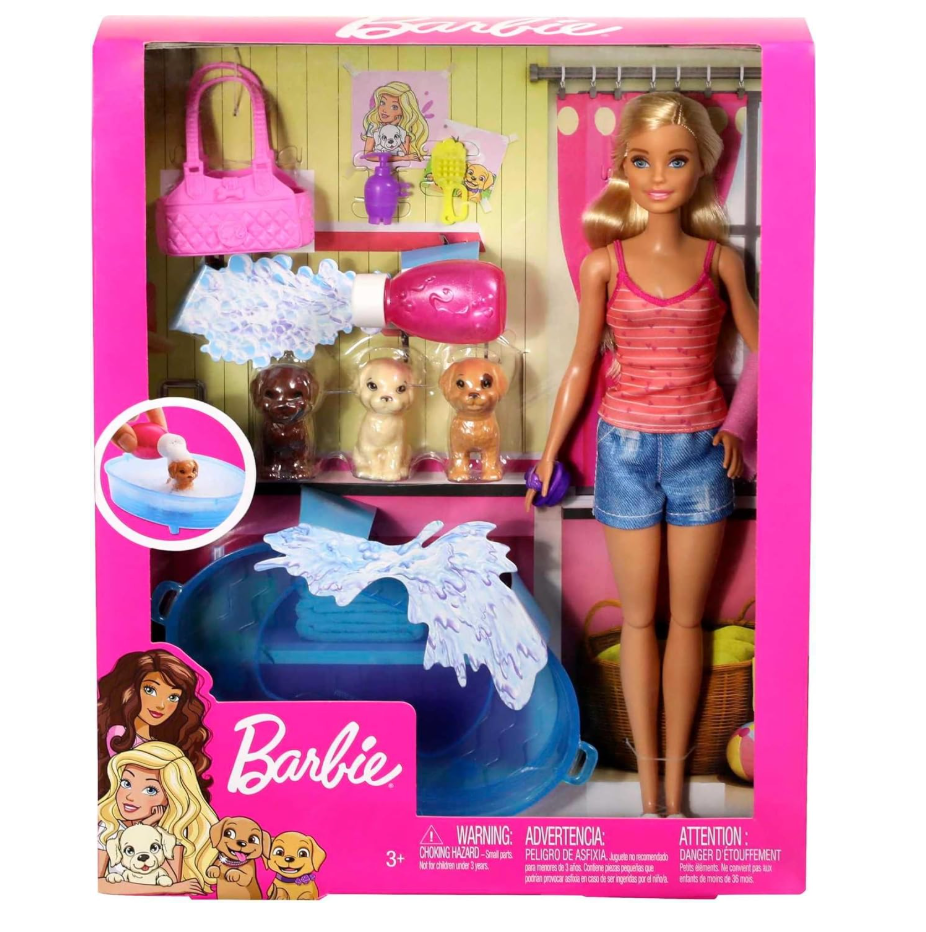 Barbie Doll & Puppy Bath Playset with 3 Puppies