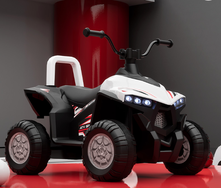 Kids Electric ATV - all features labeled: USB port, music system, headlights, foot accelerator