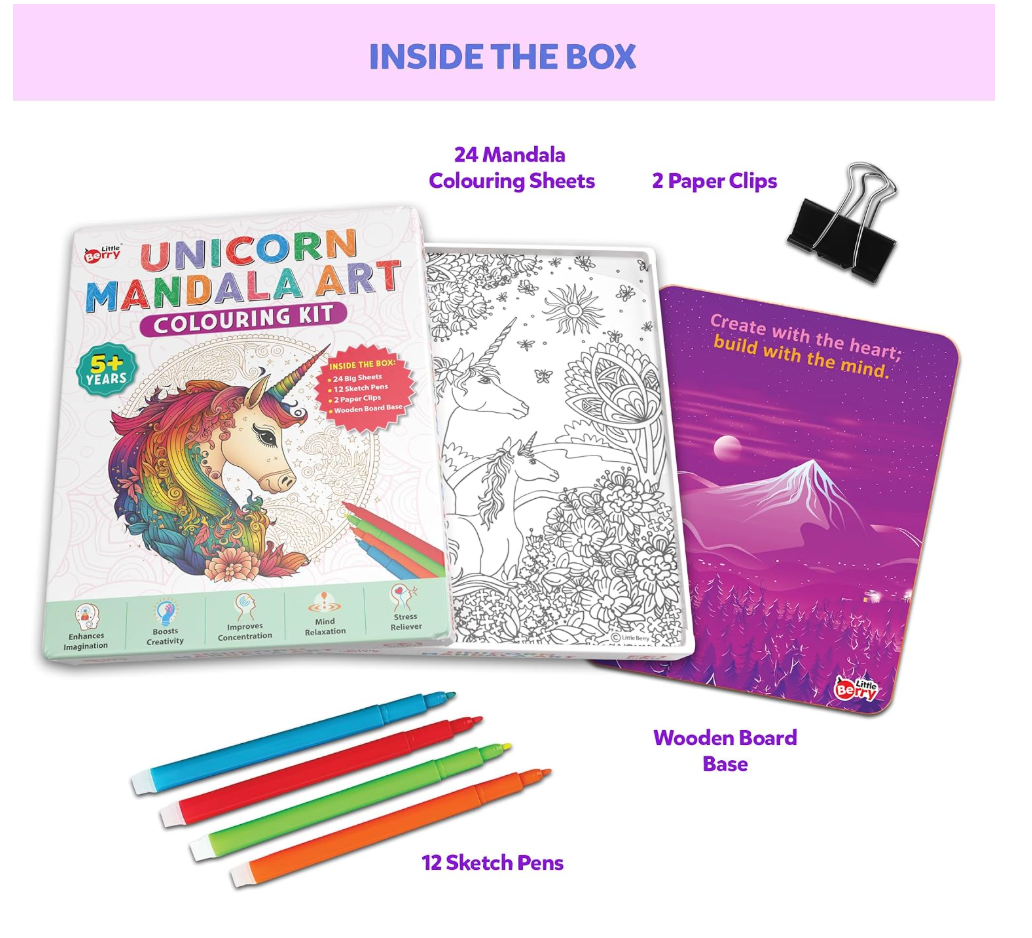 Inside the box – 24 colouring sheets, 12 sketch pens, wooden board, paper clips