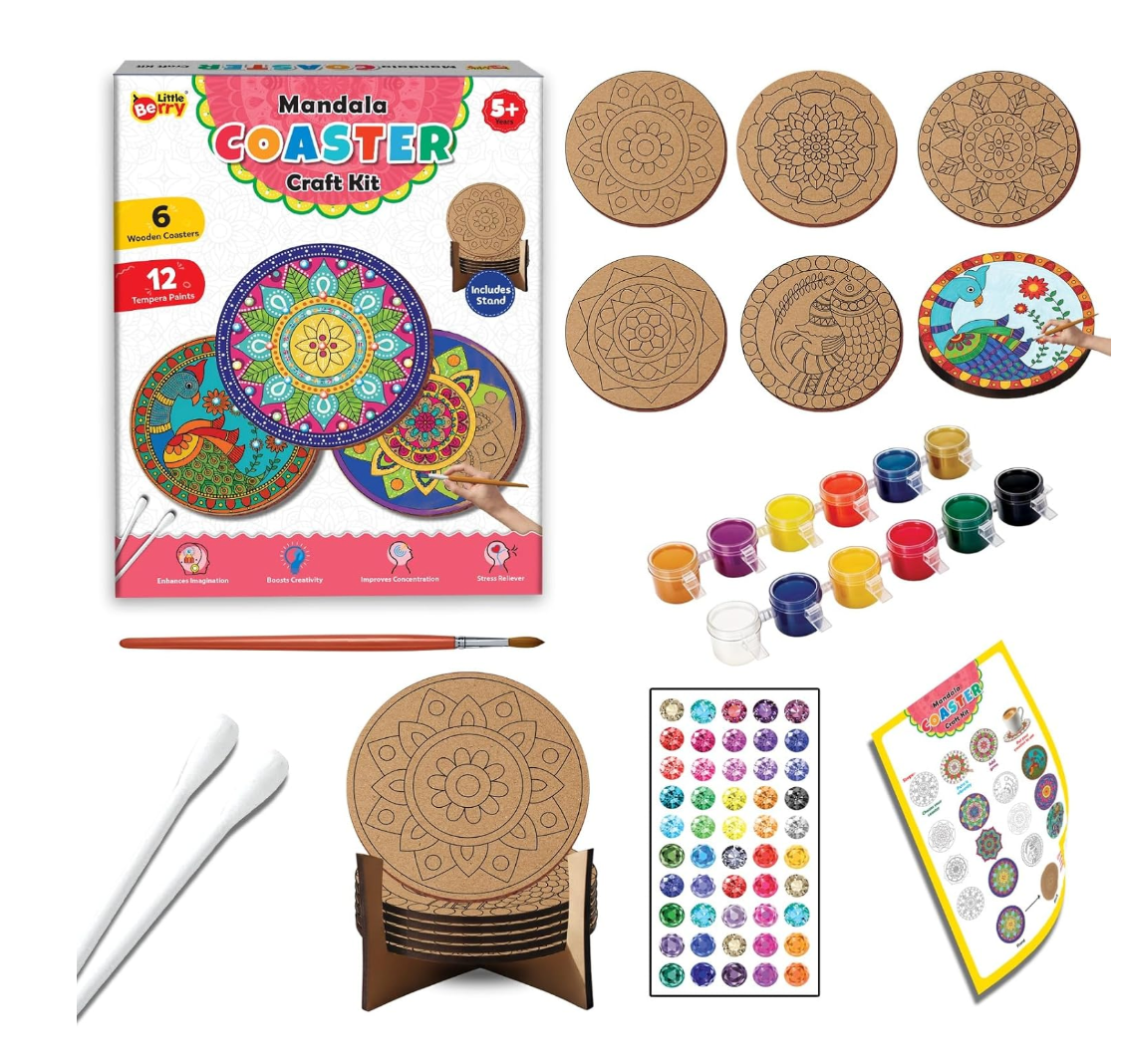 Mandala Coaster Craft Kit box with dimensions 23cm x 30cm – 6 wooden coasters, 12 tempera paints, includes stand