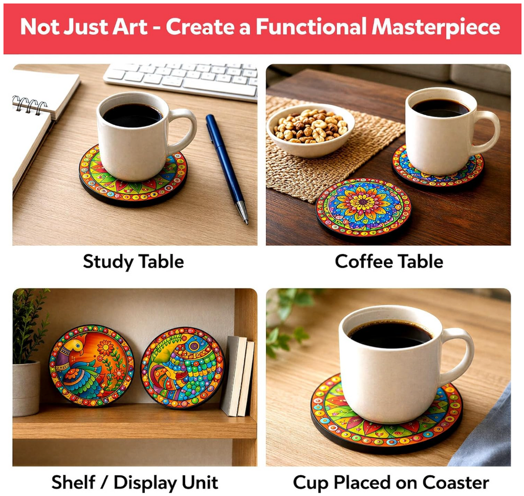 Not Just Art – Functional Masterpiece lifestyle shots: study table, coffee table, shelf, cup on coaster