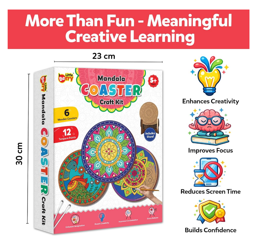 What’s Inside the Kit – 6 wooden coasters, 12 tempera paints, display stand, gems, earbuds, paint brush, instruction sheet