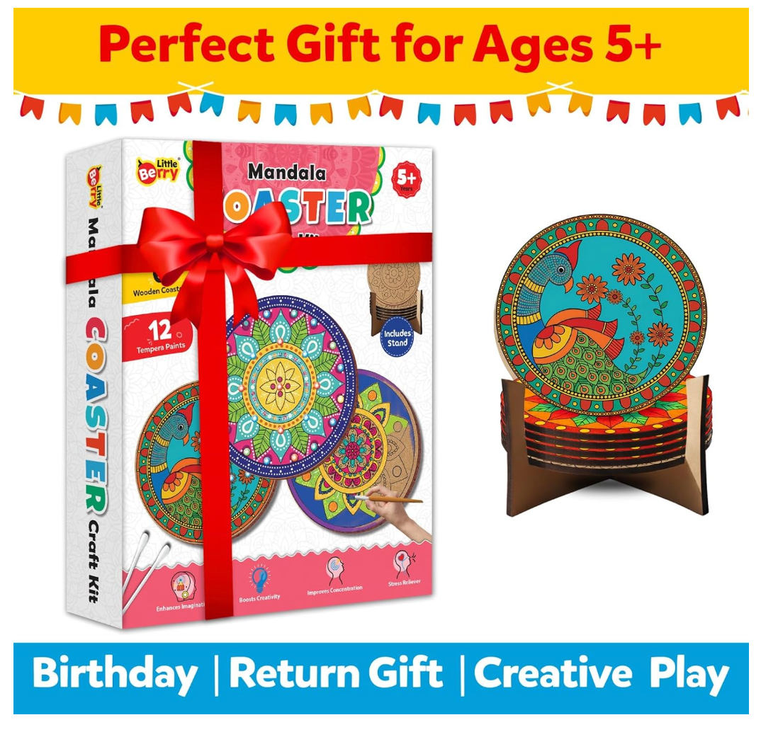 Complete kit contents spread: coasters, paints, gems, earbuds, stand, brush and instruction sheet