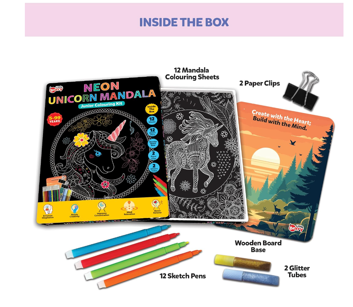 Inside the Box – 12 mandala sheets, 12 sketch pens, wooden board base, 2 paper clips, 2 glitter tubes