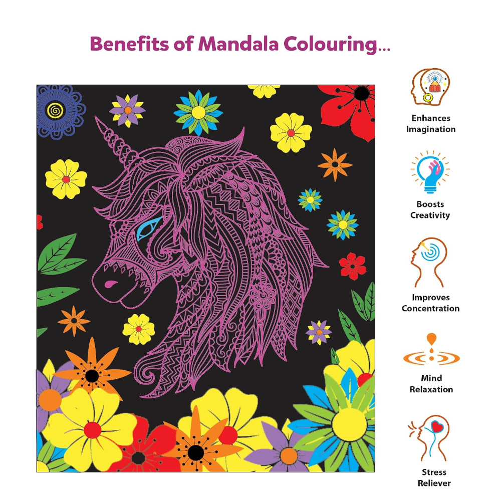 Benefits of Mandala Colouring – enhances imagination, boosts creativity, improves concentration, mind relaxation, stress relief