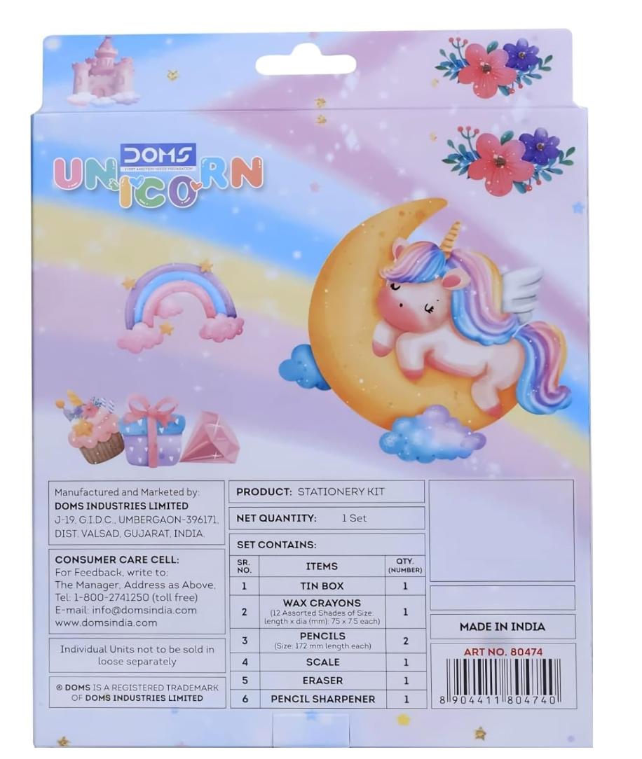 DOMS SpeedZ Stationery Kit – full kit with tin box, pencils, ruler, wax crayons, sharpener and eraser