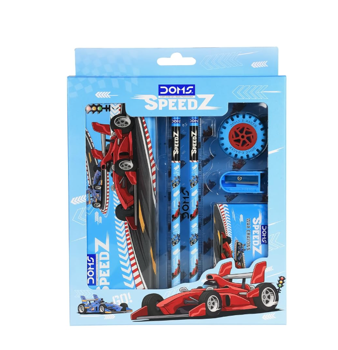 DOMS SpeedZ Stationery Kit – contents spread from box including tin case and crayons
