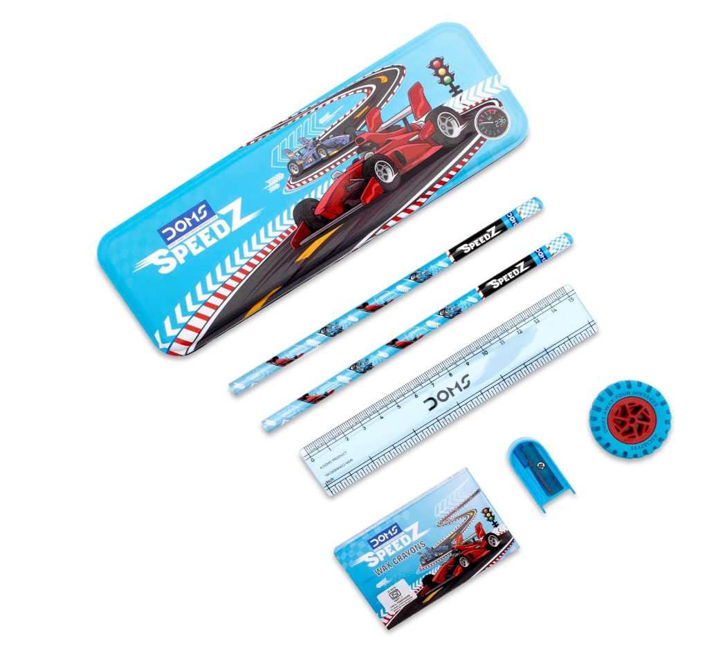 DOMS Unicorn Stationery Kit contents: tin box, wax crayons, pencils, scale, eraser, sharpener