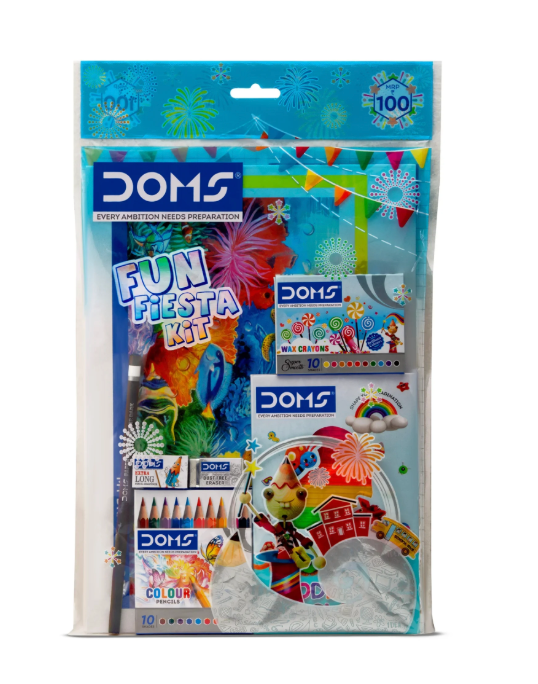 DOMS Fun Fiesta Kit – front view with drawing pad, crayons, colour pencils, clay and stationery