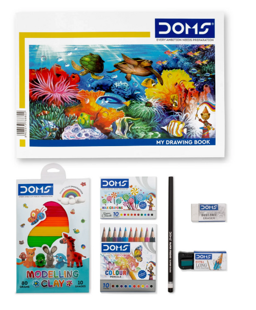 DOMS Fun Fiesta Kit contents: drawing book, modelling clay, wax crayons, colour pencils, pencil, eraser, sharpener