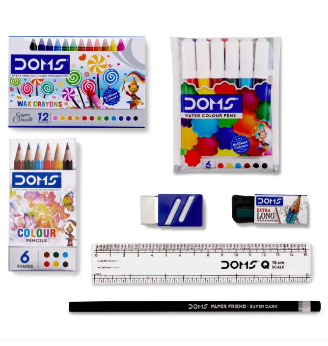DOMS WOW Kit contents: 12 wax crayons, 6 water colour pens, 6 colour pencils, pencil, eraser, sharpener, 15cm scale
