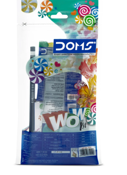 DOMS WOW Kit – front pack view with wax crayons, water colour pens, colour pencils and stationery