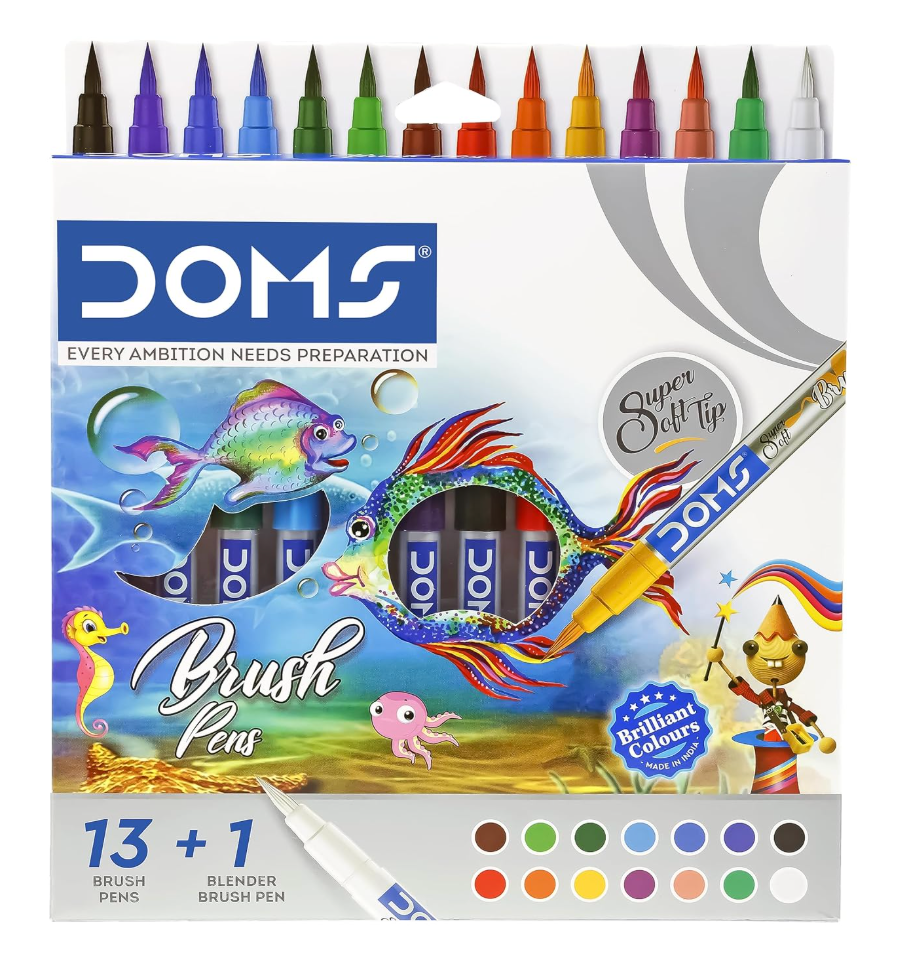 DOMS Brush Pens – front box with 13+1 blender brush pen, super soft tip, brilliant colours