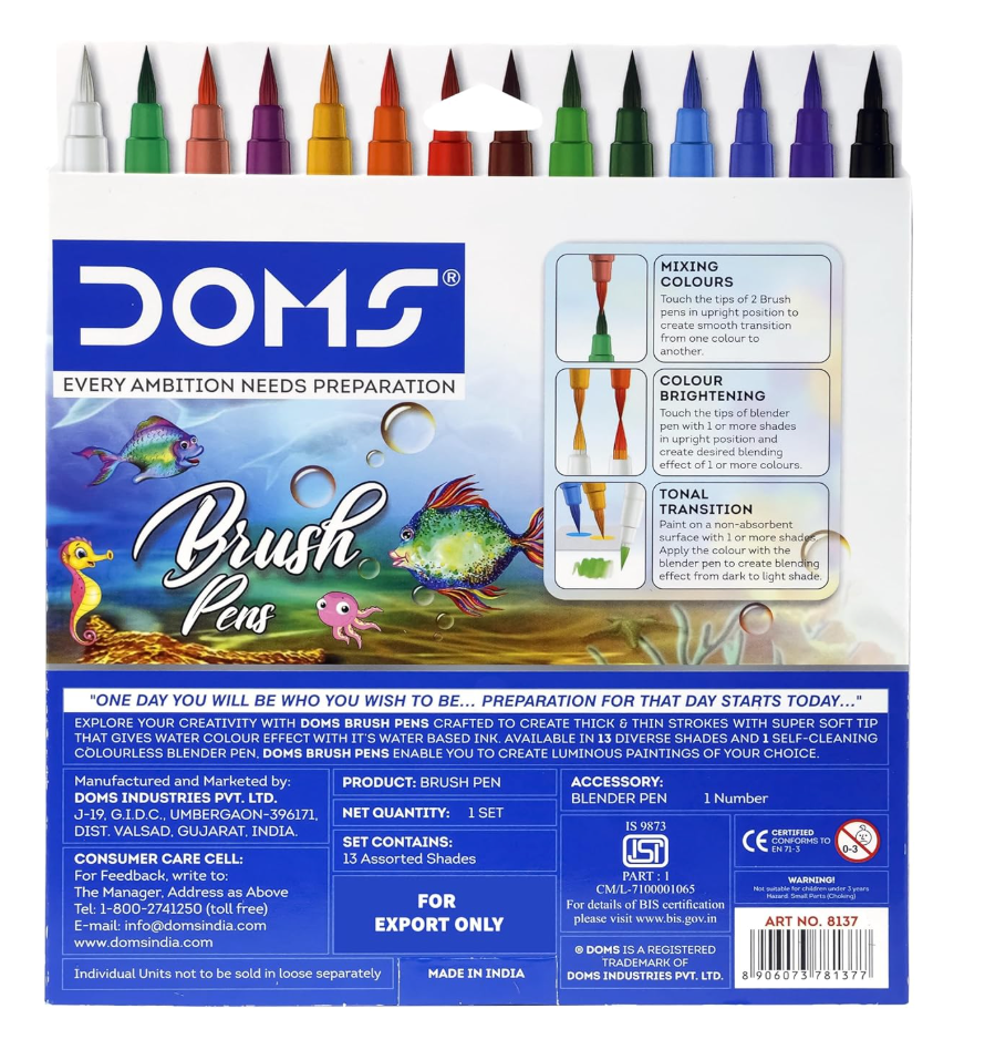 DOMS Brush Pens – back of box showing mixing colours, colour brightening and tonal transition techniques, barcode 8906075781377
