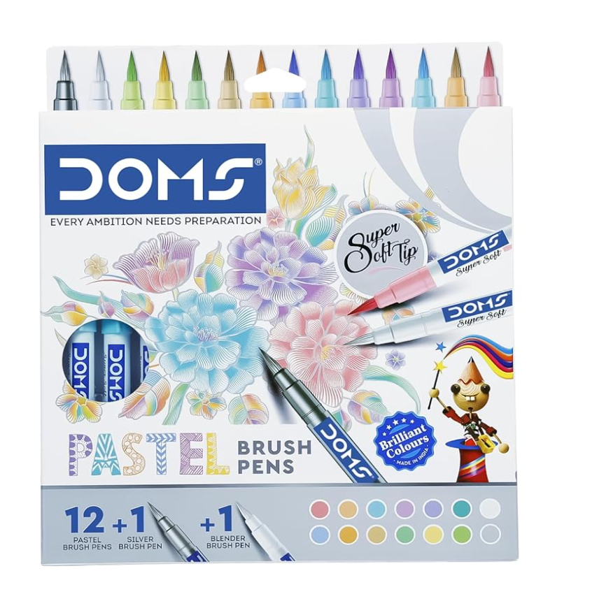 DOMS Pastel Brush Pens – box and tray showing 14 pens including silver and blender