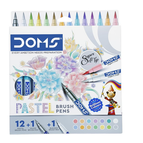 DOMS Pastel Brush Pens – box and tray showing 14 pens including silver and blender
