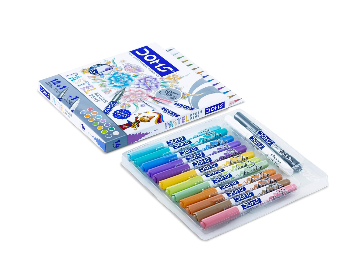 DOMS Pastel Brush Pens – box and tray with 12 pastel shades, silver pen and blender pen