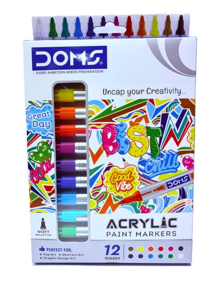DOMS Acrylic Paint Markers – 12 shades with box, soft bullet tip