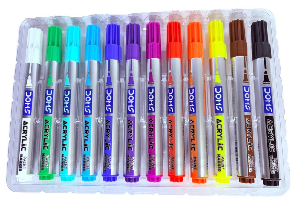 DOMS Acrylic Paint Markers – 12 pens laid out in tray showing all colours