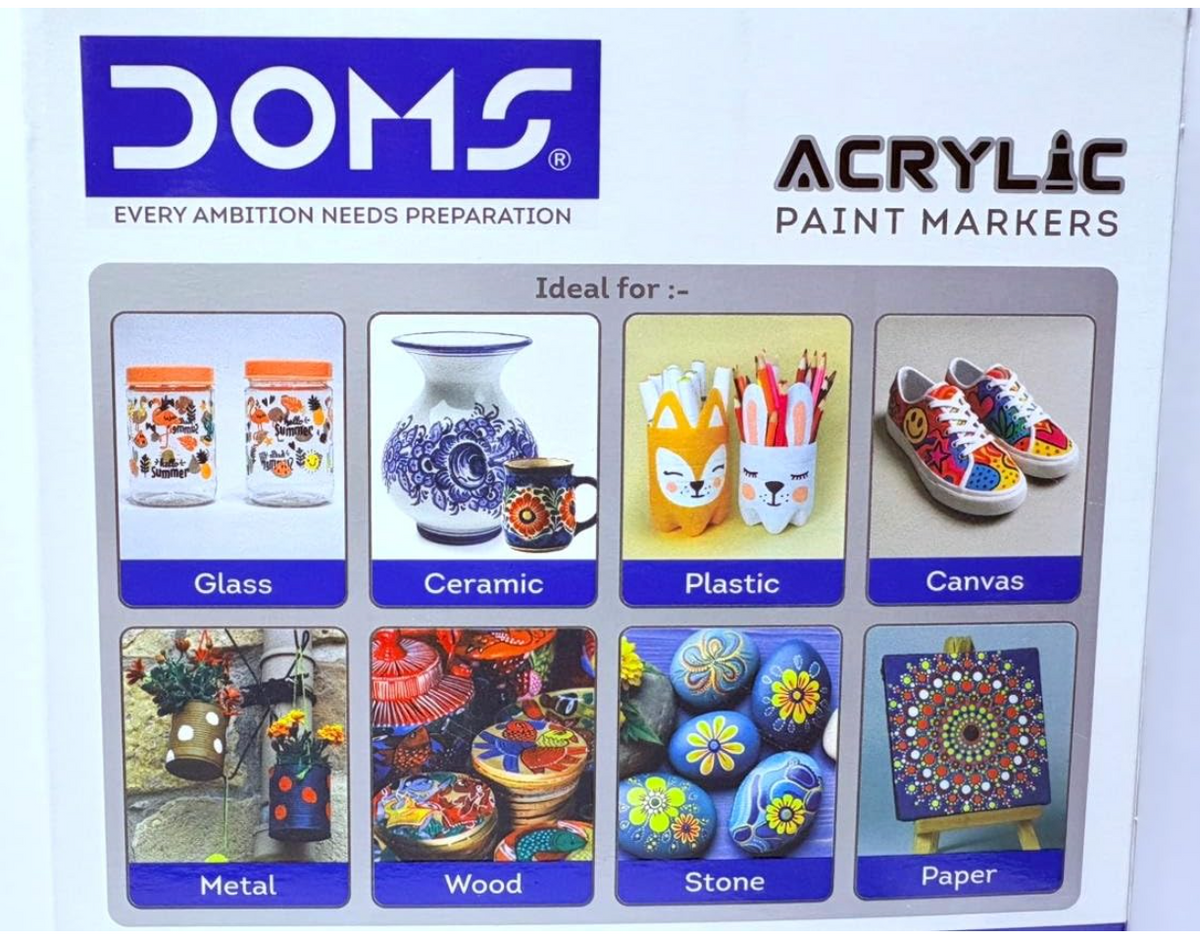 DOMS Acrylic Paint Markers – back of box with Art No. 81187, barcode 8904411811876, Made in India
