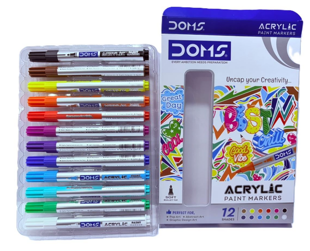 DOMS Acrylic Paint Markers – front box view, 12 shades, perfect for pop art, abstract art, graphic design