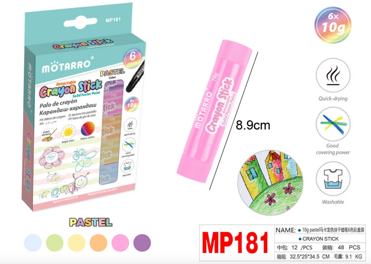 Motarro Retractable Crayon Stick – 6 Pastel shades, MP181, quick-drying washable solid poster paint